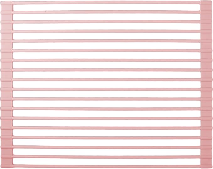 Roll up Dish Drying Rack Over the Sink, Silicone Wrapped Stainless Steel, 17" x 13", Pink, Heat Resistant, Foldable