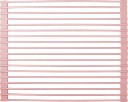 Roll up Dish Drying Rack Over the Sink, Silicone Wrapped Stainless Steel, 17" x 13", Pink, Heat Resistant, Foldable