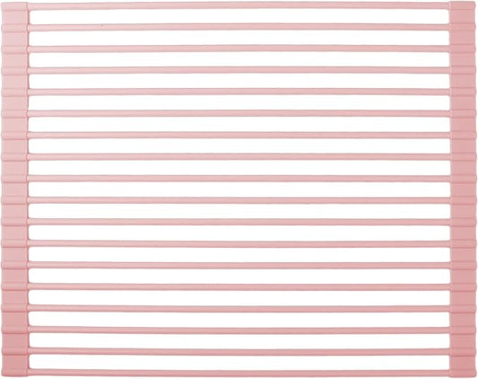 Roll up Dish Drying Rack Over the Sink, Silicone Wrapped Stainless Steel, 17" x 13", Pink, Heat Resistant, Foldable