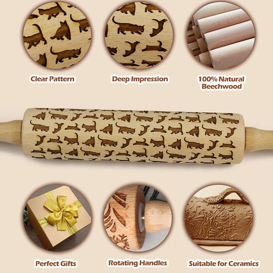 Embossed Rolling Pin for Baking Cookies Embossing Rolling Pins with Design Wooden Engraved Springerle Roller Pin Dough Animal Patterned Clay Pottery Ceramic Stamp Mold Gifts Bakers Women (Cat)