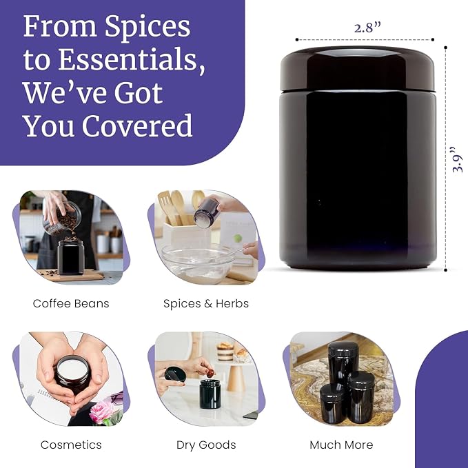 Infinity Jars, Classic Airtight Ultraviolet Glass Jar 250  ML (8.3 fl oz) Pack 6 Smell Proof, Antistatic, Light Blocking Container for Herbs, Coffee, Tea & Spices Durable, Travel-Friendly Storage