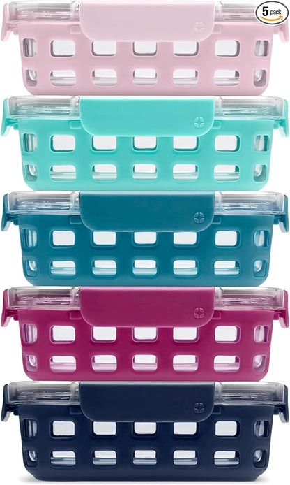 Ello Duraglass 3.4 Cup Meal Prep Sets 10Pc, 5 Pack Set- Glass Food Storage Container with Silicone Sleeve and Airtight BPA-Free Plastic Lids, Dishwasher, Microwave, and Freezer Safe, Evening Orchard