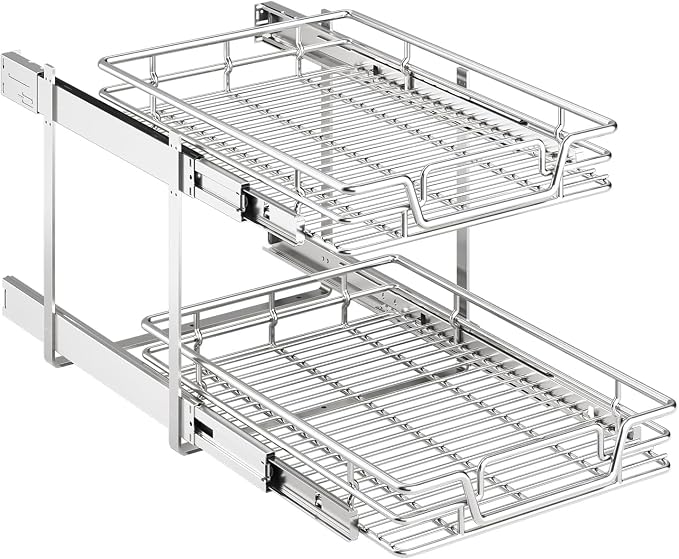 2-Tier Kitchen Cabinet Pull Out Shelf and Drawer Organizer Slide Out Pantry Storaqe Basket in Multiple Sizes (15" W x18 D)
