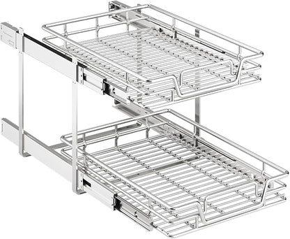 2-Tier Kitchen Cabinet Pull Out Shelf and Drawer Organizer Slide Out Pantry Storaqe Basket in Multiple Sizes (15" W x18 D)
