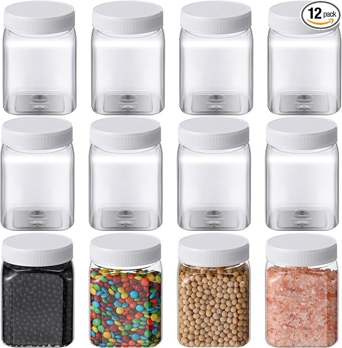 Nosiny 12 Pcs 24 oz Clear Plastic Jars with Lids Square Plastic Container Large Candy Jars with Screw on Lids Refillable Kitchen Storage Containers for Dry Food, Coffee (White)