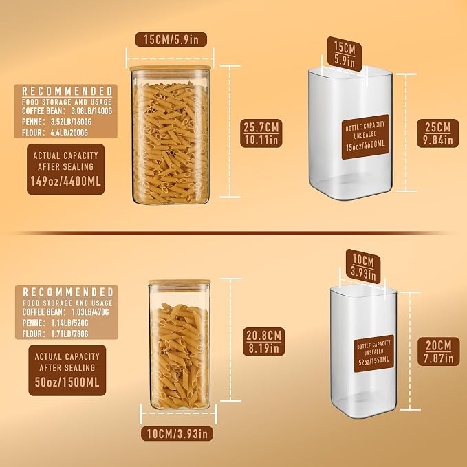 D2scrma 149oz 50oz Airtight Glass Square Storage Canister with Bamboo Lid Set of 2(4400ml*1 1500ml*1) Large Gallon Glass Jars for Sugar, Flour, Cookies and Coffee beans (‎with Black Lable)