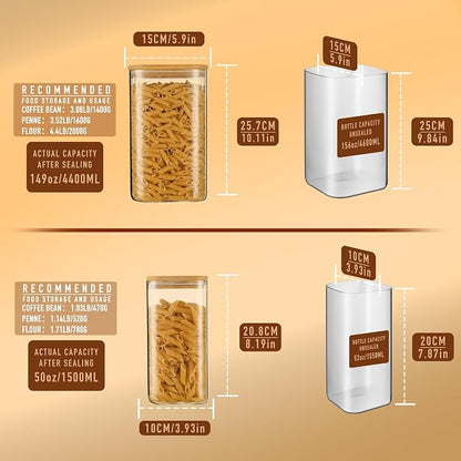 D2scrma 149oz 50oz Airtight Glass Square Storage Canister with Bamboo Lid Set of 2(4400ml*1 1500ml*1) Large Gallon Glass Jars for Sugar, Flour, Cookies and Coffee beans (‎with Black Lable)