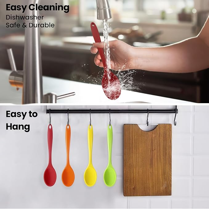 GEEKHOM Silicone Cooking Spoons, 4 Pieces 8" Heat Resistant Silicone Kitchen Utensils Set Serving Stirring Spoons for Non Stick Cooking, Mixing, Basting, Baking, Green
