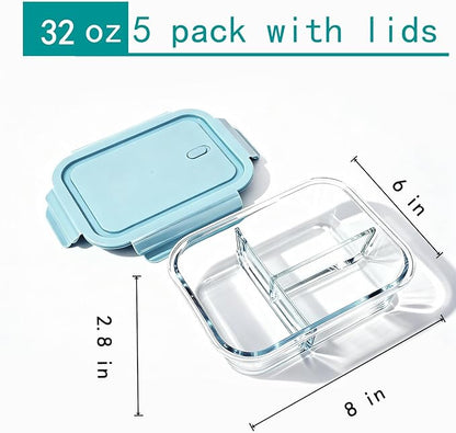 5Pack (32oz-3 Compartments with Lunch Bag) Glass Food Storage Containers with Lids for Kitchen Meal Prep, Fridge Organization, Lunch Box