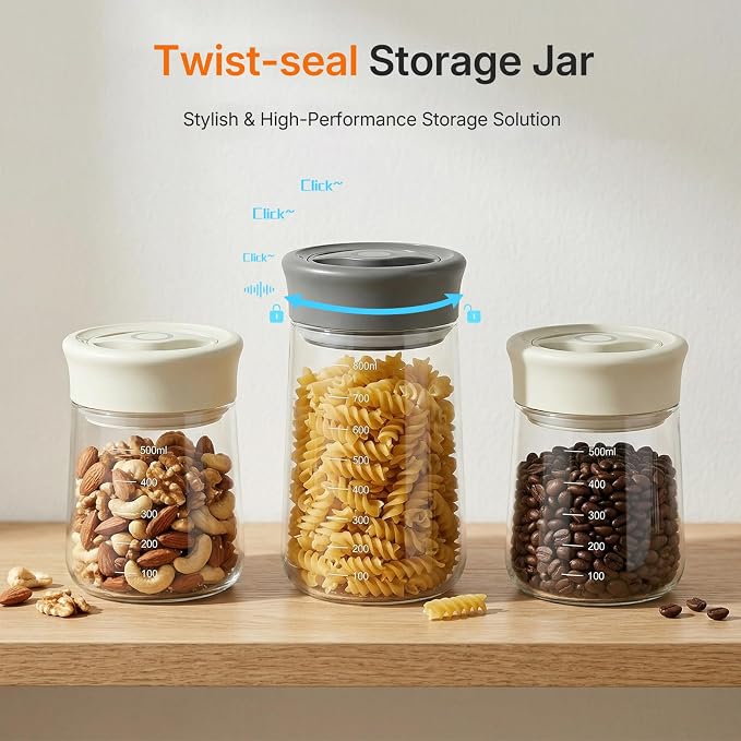 2-Pack 2026 Upgraded Glass Jars with Airtight Lid, 27oz Rotary Twist Lock Mason Jar, Clear Borosilicate Glass Storage Jar for Coffee Bean, Cookie, Sugar, Cereal, Overnight Oats Meal