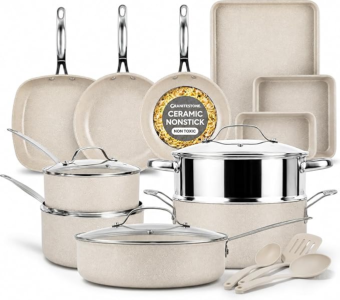 20 Pc Pots and Pans Set Nonstick - Granitestone Ceramic Cookware Set, Diamond Infused, with Bakeware, Utensils & Steamer, Non Toxic PFOA PFOS Free, Oven Safe to 500°F, Dishwasher Safe