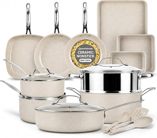 20 Pc Pots and Pans Set Nonstick - Granitestone Ceramic Cookware Set, Diamond Infused, with Bakeware, Utensils & Steamer, Non Toxic PFOA PFOS Free, Oven Safe to 500°F, Dishwasher Safe