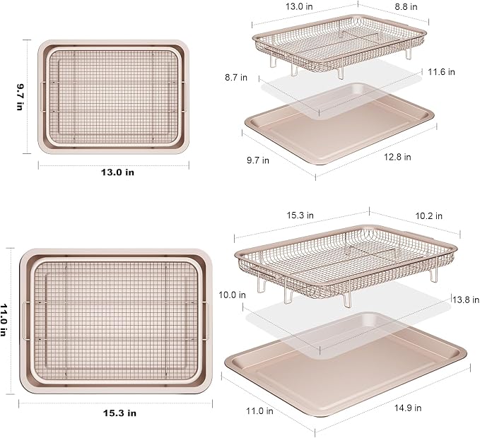 Air Fryer Basket for Oven, OPENICE 2 Set Oven Air Fryer Basket and Tray with 60 Pcs Parchment Papers, Air Fryer Pan Crisper Tray Set for Crisping, Frying - Golden