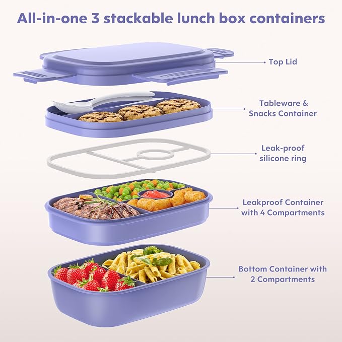 HOMETALL Stackable Bento Box for Adult Kids, Large Capacity 1900ml , Leak-Proof Lunchbox Containers with Utensil Set for Dining Out, Work, Picnic, School