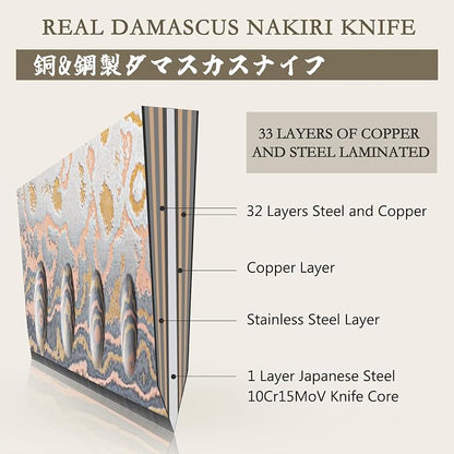 SHAN ZU Damascus Nakiri Knife 7 Inch, Japanese Kitchen Knives Copper & Damascus Steel High Carbon 33 Layer Hand Forged, Ultra Sharp Chef Knife Carving Knife with Maple Wood Handle