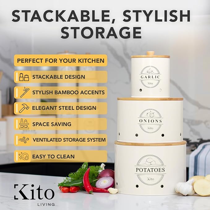Kito LIVING Canister Sets for Kitchen Counter with Wooden Bamboo Lids, Kitchen Canisters for Countertop, Stackable Steel Farmhouse Canisters for Potato Storage, Onion and Potato Storage Bins - Cream