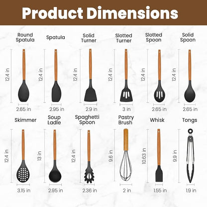 Kitchen Utensils Set - 12 Pcs Silicone Cooking Utensils Set with Wooden Handle - Heat Resistant Non-Stick BPA Free Spatula Set,Turner, Spoon, Brush, Silicone Kitchen Gadgets Utensil Set