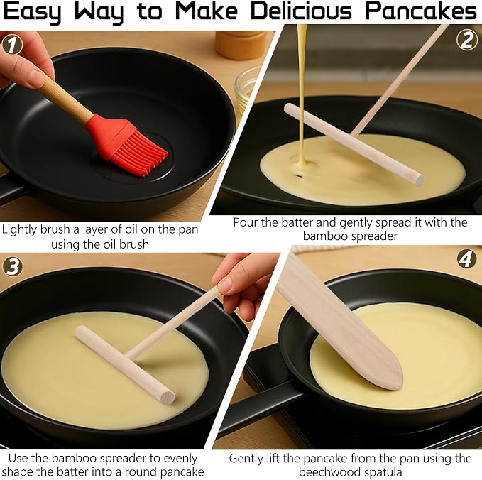 Crepe Spreader and Spatula Set – 4-Pack Natural Wood Pancake Tools with 3 T-Shaped Spreaders (3.5", 5", 7") & 13.4" Turner – Fits Any Crepe Pan or Maker