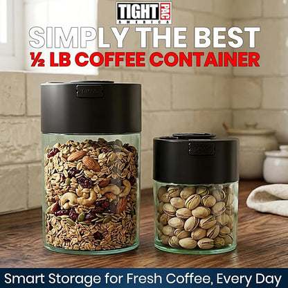 COFFEEVAC Pump It Out Airtight Coffee Container – Vacuum Storage Container for Ground Coffee Beans – Patented Vacuum Seal with Degassing Valve, 1/2 lb, Black/Clear