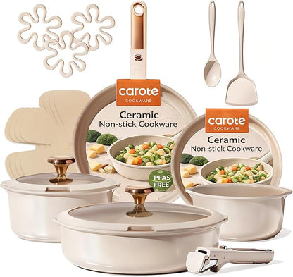 CAROTE 18Pcs Ceramic Cookware Set with Detachable Handle, Pots and Pans Set Non Stick, Non Toxic Cookware Set Removable Handles, Induction Kitchen Cookware Sets, Dishwasher/Oven Safe