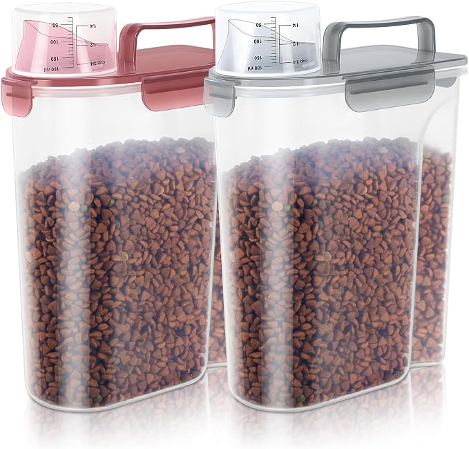 LEAWALK 5-7Lbs Dog Cat Food Storage Container with Upgraded Large Nozzle BPA-free, 4 Snap Seals Plastic Pet Food Storage Containers with Handles (Claer(Pink+Grey), 5L-2pack)