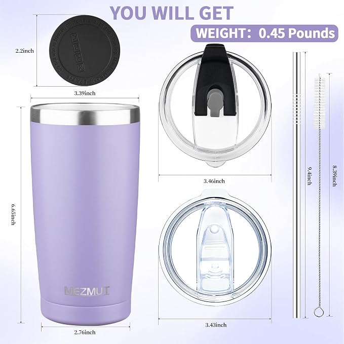 MEZMUT 20oz Tumbler Coffee Travel Mug with Daul Lid and Straw, Stainless Steel Double Wall Vacuum Spill Proof Insulated Tumbler, Hot or Iced Coffee Cups for Drinks (1Pack, Light Purple)