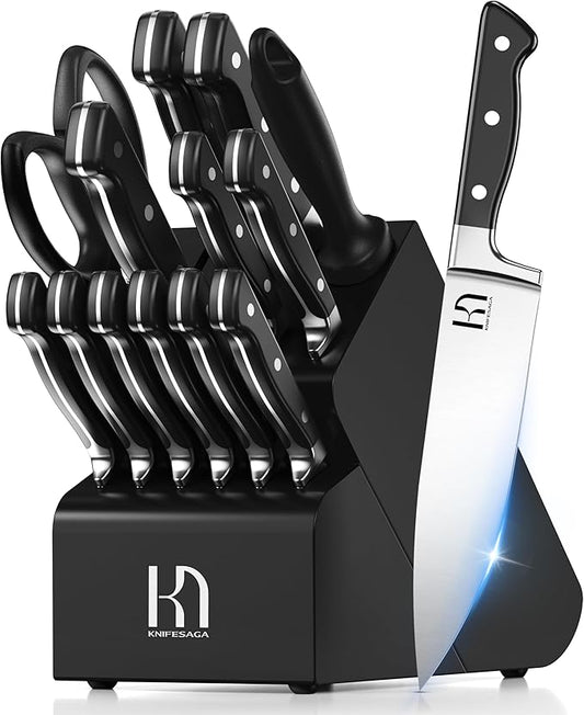 KnifeSaga Knife Set, 15 Pcs Kitchen Knife Block Set, Enduring Razor-Sharp Japanese High Carbon Stainless Steel Chef Knife Set with Block and Sharpener, Premium Black Knives Set for Kitchen