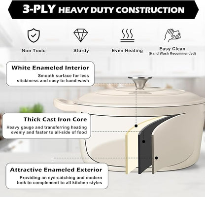 TeamFar 5Qt Dutch Oven, Enameled Cast Iron Dutch Oven with Lid & Dual Handles for Cooking Baking Braising Simmering, Healthy & Sturdy, Oven & Various Stovetops Safe, Non-stick & Easy Clean - Cream White