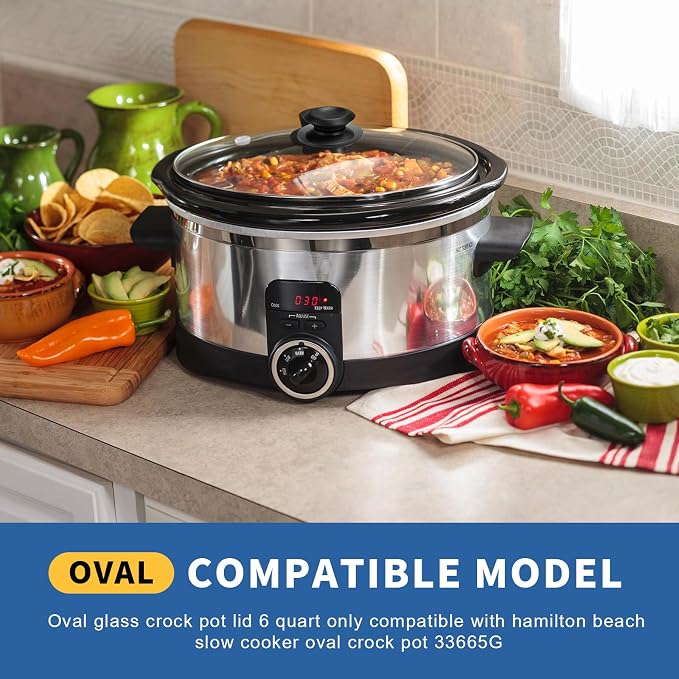 Oval Glass Crock Pot Lid 6 Quart Replacement for Hamilton Beach Slow Cooker 6 qt, Hamilton Beach Programmable Slow Cooker Replacement Parts Compatible with Hamilton Beachs Crock Pot 33665G, 1