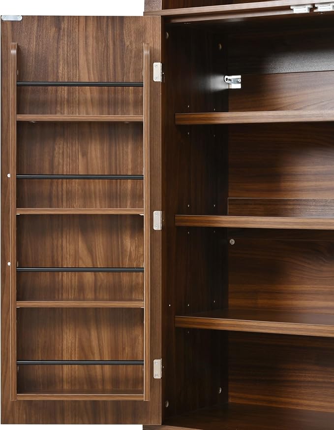 72" Tall Arched Kitchen Pantry Cabinet with 2 Drawers, Mid Century Modern Fluted Storage Cabinet with 8 Adjustable Door Shelves, Wooden Cupboard Organizer for Kitchens, Living Room (Walnut-6.3)