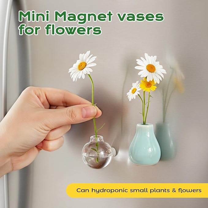 Renmxj 12 Pcs Refrigerator Magnets - Cute Mini Ceramic Vase Fridge Magnets with Artificial Flowers, Funny Tiny Vase Magnet for Fridge Decorative, Office, Kitchen, Locker, Whiteboard