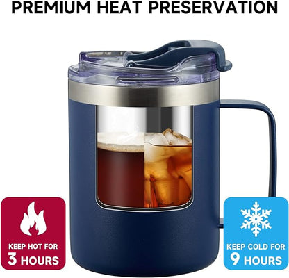 12oz Stainless Steel Insulated Coffee Mug with Handle, Double Wall Vacuum Tumbler Cup with Fliping Lid, Navy, 4 Pack