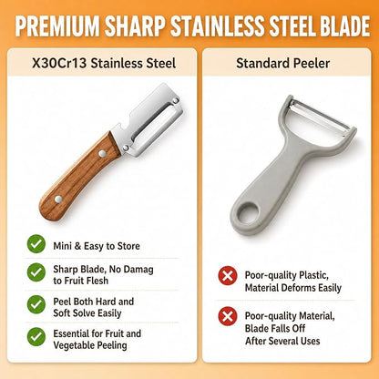 2-in-1 Multifunctional Vegetable Peeler with Wooden Handle, Zero Snag Ergonomic Kitchen Peeling Tool for Potatoes, Apple, Fruits, Double-Ended Skin Remover & Bottle Opener Utensil, 2 PCS