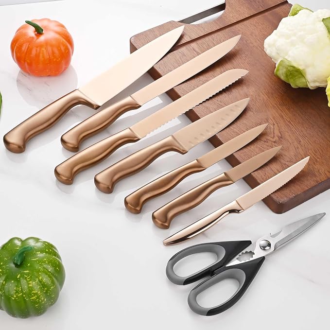 15-Piece Rose Gold Knife Block Set with Sharpener, Chef Professional Knife Set, Stainless Knife Set With Scissors, Steak Knives