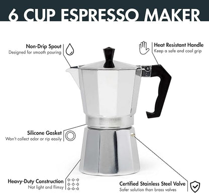 Primula Stovetop Espresso Maker and Handheld Electric Milk Frother Gift Set, Moka Pot for Classic Italian and Cuban Coffee, Cafetera, 6 Espresso Cups, Silver