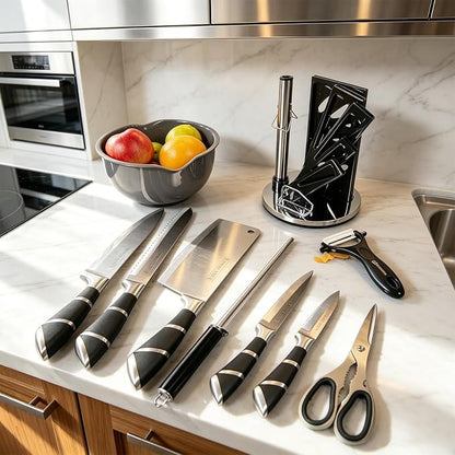 Kitchen Knife Set, 9-Piece Black Kitchen Knife Set with Acrylic Block, Non Stick Sharp High Carbon Stainless Steel Knife Set for Kitchen Cutting Meat Slicing Chopping Kitchen Women Gifts