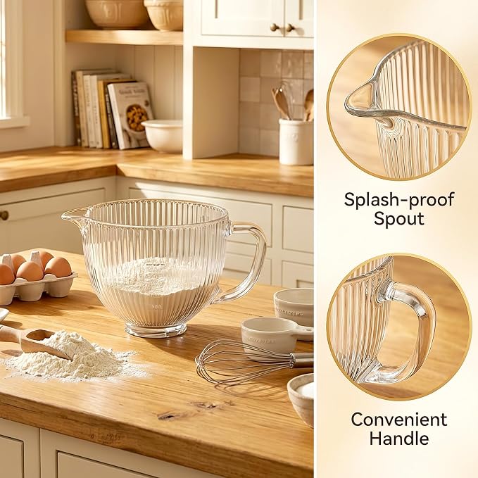 Glass Mixing Bowl for KitchenAid Tilt-Head Stand Mixers, 5Qt Replacement Bowl with Measurement Markings & Pour Spout for 4.5-5 Quart KitchenAid Mixers, Perfect for Mixing Dough, Egg by InnoMoon