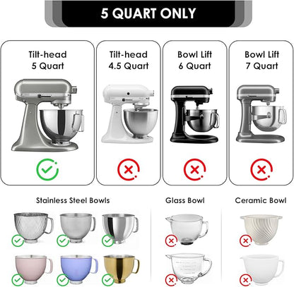 Silicone Bowl Liner with Lid for KitchenAid 5-Qt Tilt-Head Bowls Only, 2mm Extra-Thick Premium Silicone, Built-In Air Vent for Dough Proofing, Dishwasher Safe, BPA-Free