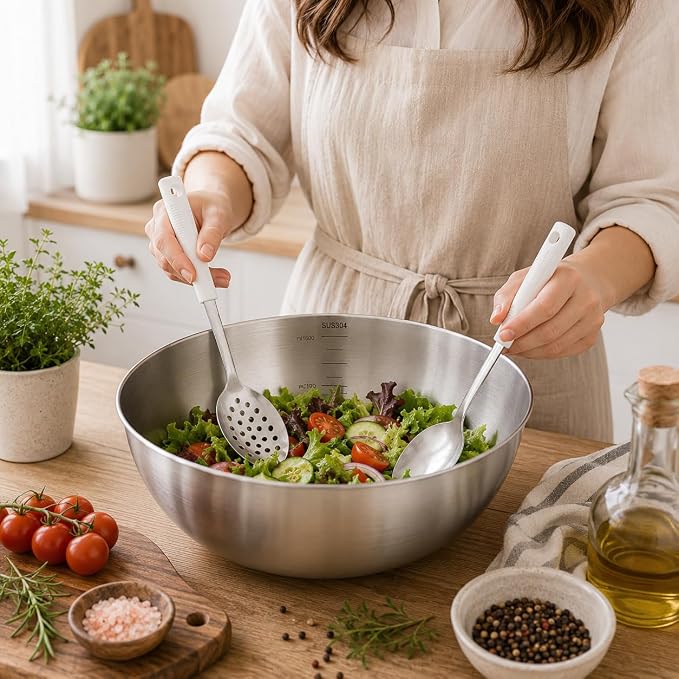 Metal Serving Spoons Set, Large Serving Spoons with Silicone Handles, Stainless Steel Serving Spoon, Slotted Spoon & Soup Ladle Set for Buffet and Home Kitchen (Beige)