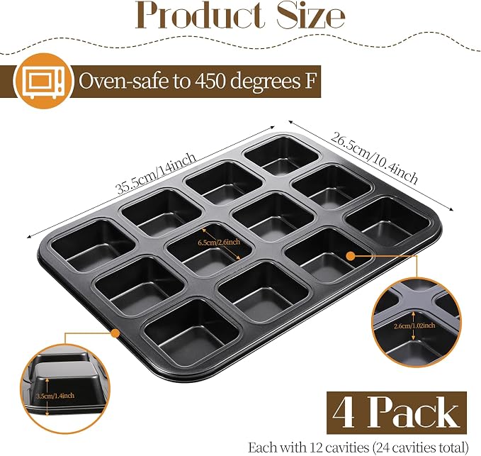 4 Pack Brownie Pan, 12 Cavity All Edges Square Cupcake Brownie Pans Mini Cake Non-stick Bakeware for Bread Loaf Cake Cookie Oven, Heavy Duty Carbon Steel Mini Muffin Pan