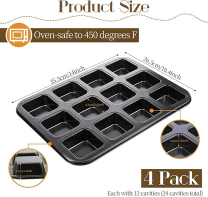 4 Pack Brownie Pan, 12 Cavity All Edges Square Cupcake Brownie Pans Mini Cake Non-stick Bakeware for Bread Loaf Cake Cookie Oven, Heavy Duty Carbon Steel Mini Muffin Pan