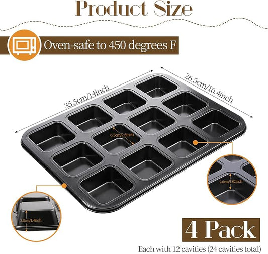 4 Pack Brownie Pan, 12 Cavity All Edges Square Cupcake Brownie Pans Mini Cake Non-stick Bakeware for Bread Loaf Cake Cookie Oven, Heavy Duty Carbon Steel Mini Muffin Pan
