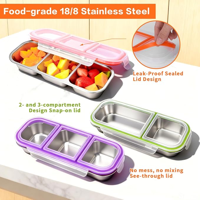 4 Pack Stainless Steel Lunch Containers with Lids, 2-Compartments Snack Container & Lunch Box, Reusable Clear Lid Snack Containers Set, Meal Prep Lunch Box (24 oz / 700ml)