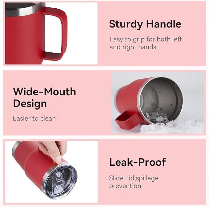 20oz Tumbler Bulk with Lid, Stainless Steel Tumbler Bulk with Handle, Metal Insulated Travel Coffee Mug Set with Handle, Double Wall Vacuum Leak Proof Tumbler Cup, Red 6 Pack