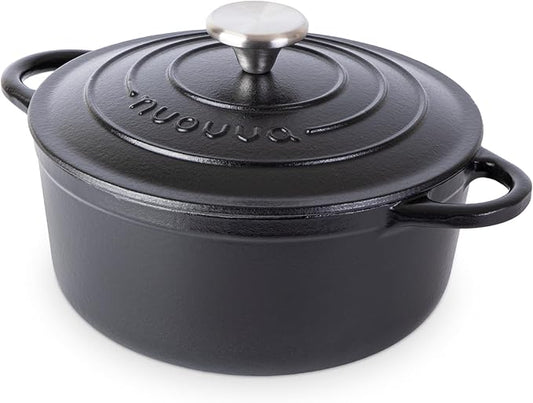 Cast Iron Dutch Oven with Lid - Non-Stick Ovenproof Enamelled Casserole Pot - Sturdy Dutch Oven Cookware - Black, 3.1-Quart, 22cm- by Nuovva