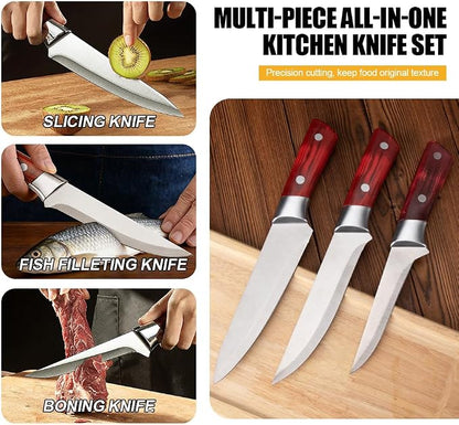 Premium 3PCS Boning Knife Set, Stainless Steel Kitchen Knife Set with Sheath, Ultra-Sharp Chef Knife Set for Meat, Fish, Fruit, Camping & Outdoor Cooking, Comfortable Grip