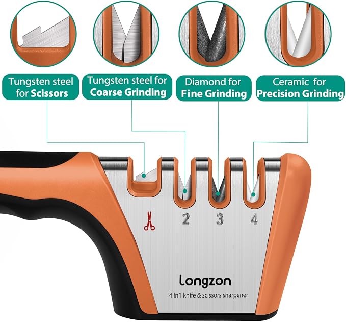Longzon 5-in-1 Knife Sharpener 4 Stage with Cut-Resistant Glove, Quickly Sharpens & Restores Dull Blades, Easy & Safe for Home Kitchen Use, Fits Most Knives and Scissors, Black+Orange