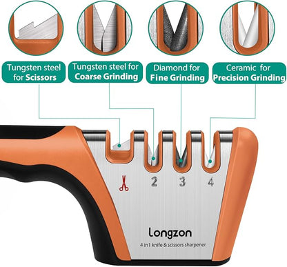 Longzon 5-in-1 Knife Sharpener 4 Stage with Cut-Resistant Glove, Quickly Sharpens & Restores Dull Blades, Easy & Safe for Home Kitchen Use, Fits Most Knives and Scissors, Black+Orange