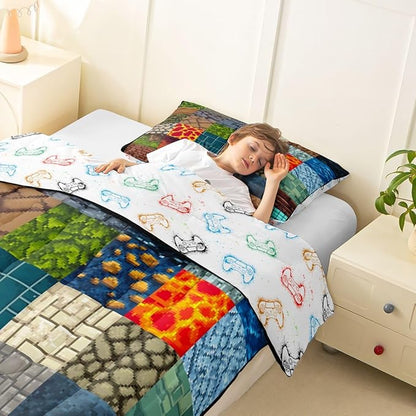 Manfei Video Game Comforter Set -Pixelated Themed Game Comforter Toddler Size Block Theme Gaming Bedding Set for Kids Girls Boys Bedroom Decor,Modern Quilt Duvet,2 Pcs with 1 Pillowcase