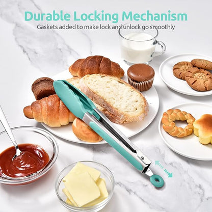 600ºF Heat Resistant Kitchen Tongs: U-Taste 9 inch Silicone Cooking Tong with Firm Sealed Non Stick Rubber Tips & Silicon Coated 18/8 Stainless Steel Handle & Smooth Locking for Serving Salad-Aqua Sky